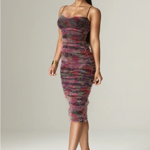 Alieva “TOIRA” Floral Printed Tulle Ruched Cocktail Mini Dress - Picture 1 of 14